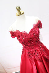 Bridesmaid Dresses Red, Red Satin Lace Long Prom Dress, Off Shoulder Evening Party Dress