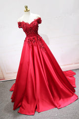 Bridesmaid Dress Shop, Red Satin Lace Long Prom Dress, Off Shoulder Evening Party Dress