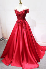 Bridesmaid Dresses Mismatched Colors, Red Satin Lace Long Prom Dress, Off Shoulder Evening Party Dress