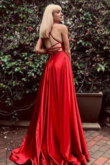 Red Satin Lace-up A-line Prom Dress with Slit