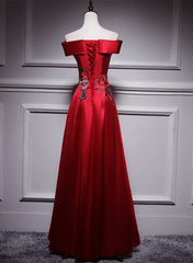 Bridesmaid Dress Color Palette, Red Satin Long A-line Prom Dress Off Shoulder Party Dress, Red Bridesmaid Dress