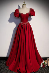 Party Dress Over 52, Red Satin Long Prom Dress, Cute Short Sleeve Evening Graduation Dress