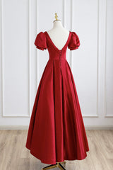 Bridesmaid Dresses 2025, Red Satin Long Prom Dress, Simple A-Line Short Sleeve Evening Party Dress