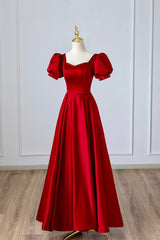 Bridesmaid Dresses With Sleeves, Red Satin Long Prom Dress, Simple A-Line Short Sleeve Evening Party Dress
