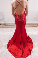 Red Satin Mermaid Prom Dress with Ruffles