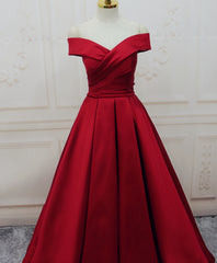 Homecoming Dresses Pretty, Red Satin Off Shoulder Handmade Long Formal Dress, Handmade Red Formal Gown