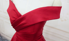 Homecoming Dress Pretty, Red Satin Off Shoulder Handmade Long Formal Dress, Handmade Red Formal Gown