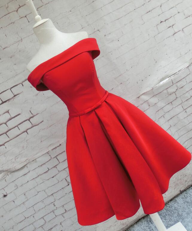 Formal Dress For Weddings, Red Satin Short Party Dress, Red Off Shoulder Homecoming Dress