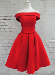 Formal Dress Long, Red Satin Short Party Dress, Red Off Shoulder Homecoming Dress