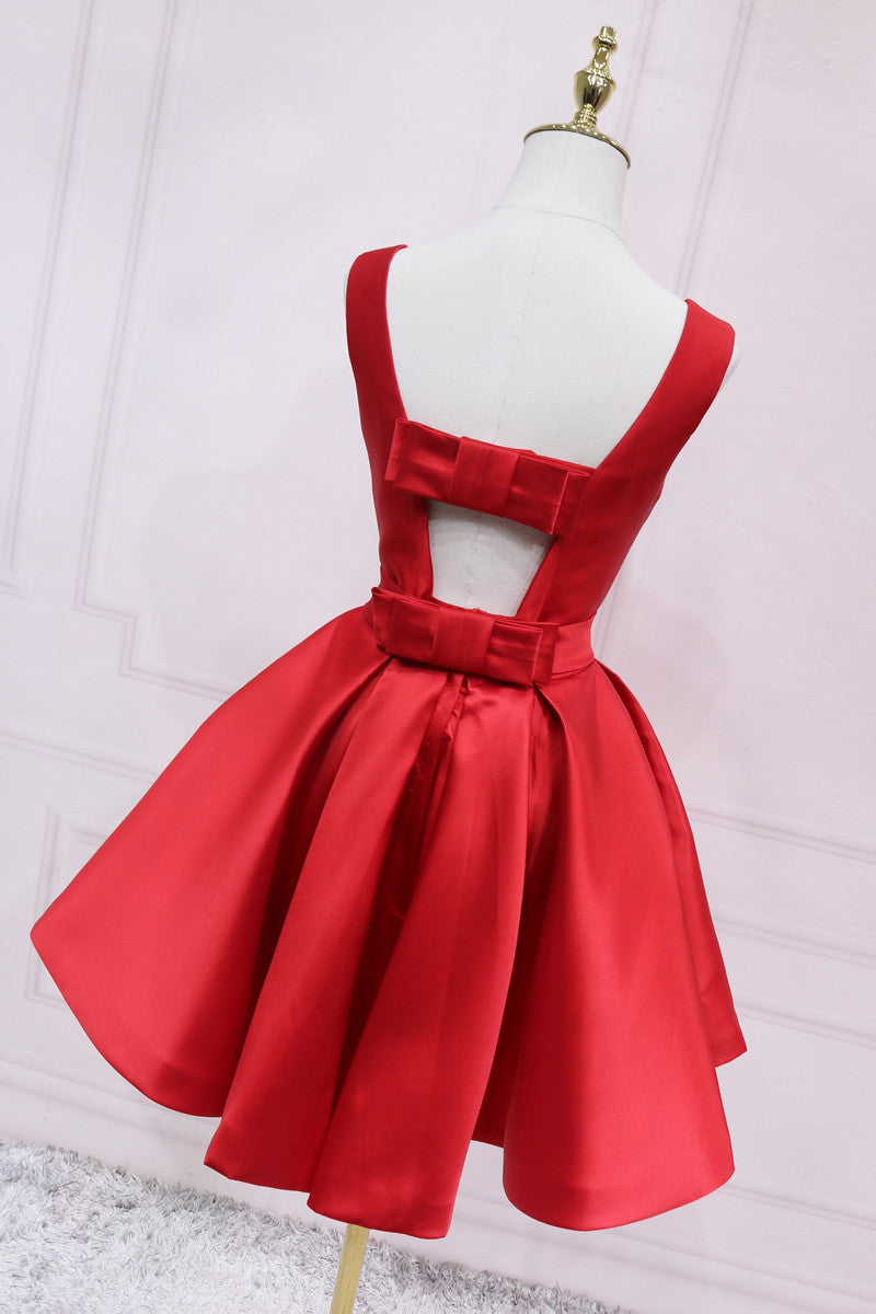 Bridesmaid Dresses Blushing Pink, Red Satin Short Simple Backless Party Dress, Red Homecoming Dress