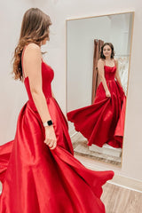 Red Satin Spaghetti Straps A-Line Prom Dress