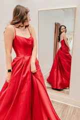 Red Satin Spaghetti Straps A-Line Prom Dress