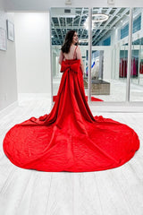 Red Satin Spaghetti Straps Prom Dress with Bow