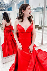 Red Satin Spaghetti Straps Prom Dress with Bow