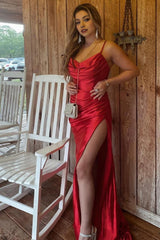 Red Satin Spaghetti Straps Prom Dress with Ruffles
