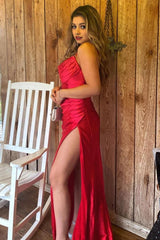 Red Satin Spaghetti Straps Prom Dress with Ruffles