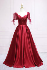 Wedding Invitations, Red Satin Sweetheart Neckline Long Formal Dress, A-Line Evening Graduation Dress