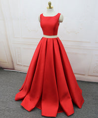 Evening Dress Vintage, Red Satin Two Pieces Long Prom Dress Red Long Evening Dress