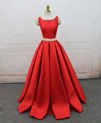 Evening Dress Mermaid, Red Satin Two Pieces Long Prom Dress Red Long Evening Dress