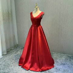 Bridesmaids Dress Purple, Red Satin V-neckline Floor Length Prom Dress, Backless Red Party Dress