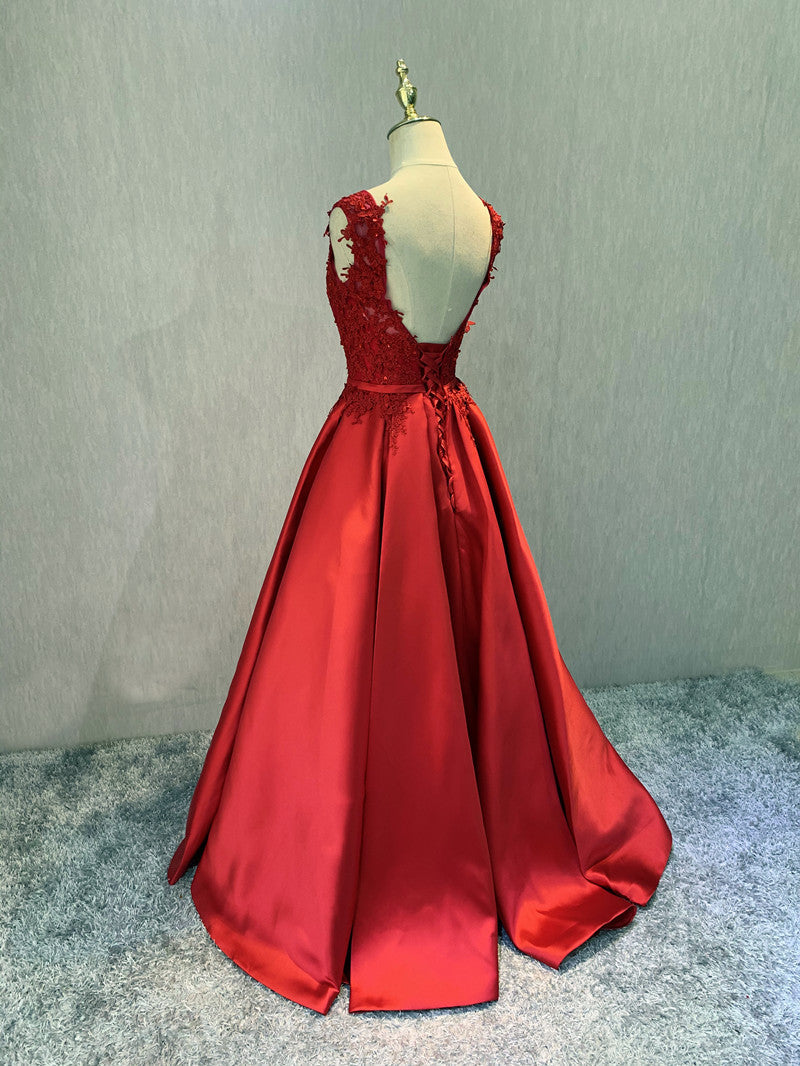 Wedding Color, Red Satin V-neckline Floor Length Prom Dress, Backless Red Party Dress