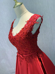 Winter Formal Dress, Red Satin V-neckline Floor Length Prom Dress, Backless Red Party Dress