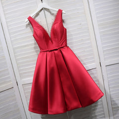 Formal Dresses For Ladies Over 50, Red Satin V-neckline Knee Length Homecoming Dress, Red Short Prom Dress