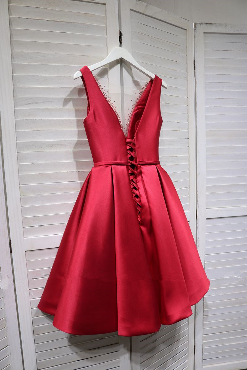 Light Blue Dress, Red Satin V-neckline Knee Length Homecoming Dress, Red Short Prom Dress