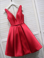 Black Gown, Red Satin V-neckline Knee Length Homecoming Dress, Red Short Prom Dress