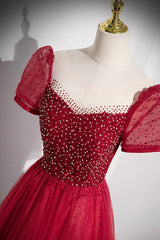 Party Dresses Classy Elegant, Red Scoop Neckline Tulle Formal Dress with Beaded, A-Line Short Sleeve Party Dress