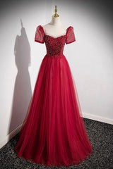 Party Dresses Size 18, Red Scoop Neckline Tulle Formal Dress with Beaded, A-Line Short Sleeve Party Dress