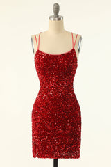 Prom Dresses Stores Near Me, Red Sequin Bodycon Mini Party Dress with Double Straps