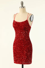 Prom Dress Stores Near Me, Red Sequin Bodycon Mini Party Dress with Double Straps
