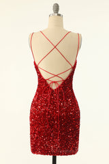 Prom Dresses Brands, Red Sequin Bodycon Mini Party Dress with Double Straps