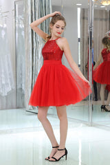 Bridesmaid Dresses Website, Red Sequined Tulle Strapless Homecoming Dresses