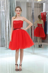 Bridesmaids Dress Designers, Red Sequined Tulle Strapless Homecoming Dresses