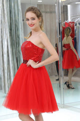 Bridesmaid Dresses Designer, Red Sequined Tulle Strapless Homecoming Dresses