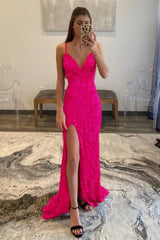 Red Sequins Glitter Prom Dress with Slit
