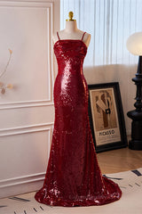 Party Dresses Near Me, Red Sequins Mermaid Straps Lace-Up Long Prom Dress