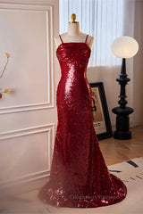 Party Dresses Sales, Red Sequins Mermaid Straps Lace-Up Long Prom Dress