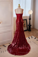 Party Dress Sales, Red Sequins Mermaid Straps Lace-Up Long Prom Dress
