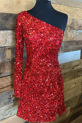 Evening Dresses Fitted, Red Sequins One-shoulder Long Sleeve Party Dress,Graduation Dresses