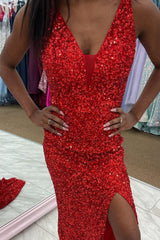 Red Sequins V Neck Prom Dress with Slit