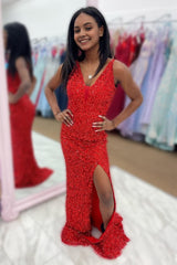Red Sequins V Neck Prom Dress with Slit
