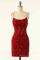 Party Dress Mini, Red Sheath Double Straps Lace-Up Back Sequins Mini Homecoming Dress