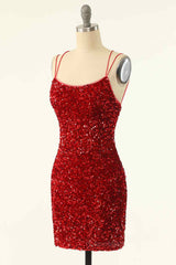 Party Dresses Mini, Red Sheath Double Straps Lace-Up Back Sequins Mini Homecoming Dress