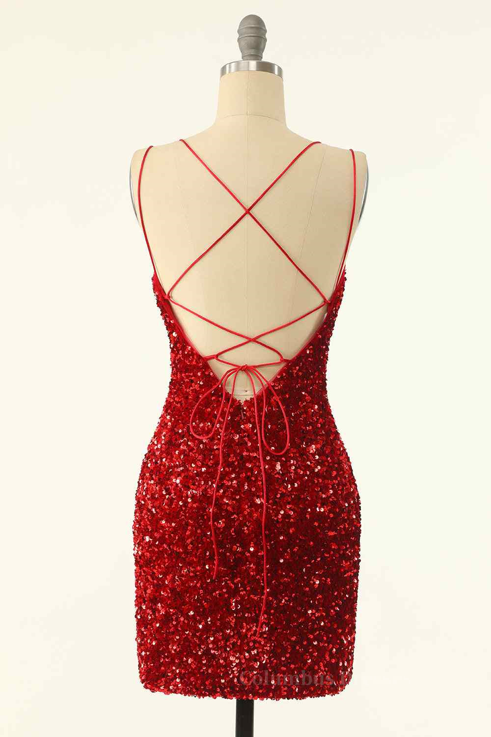 Party Dress For Cocktail, Red Sheath Double Straps Lace-Up Back Sequins Mini Homecoming Dress