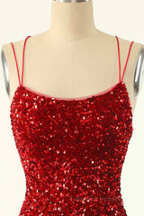 Party Dresses Summer Dresses 2052, Red Sheath Double Straps Lace-Up Back Sequins Mini Homecoming Dress