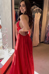 Red Spaghetti Straps Long Prom Dress with Slit