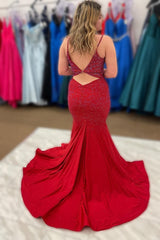 Red Spaghetti Straps Mermaid Beading Prom Dress